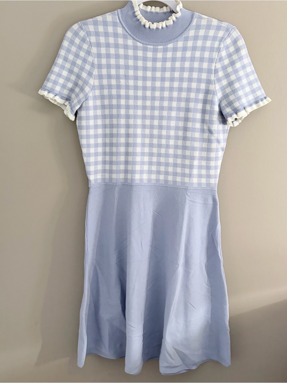 1901 Pastel Blue Gingham Knit Dress Mock Neck Ruffle Size M Cottagecore